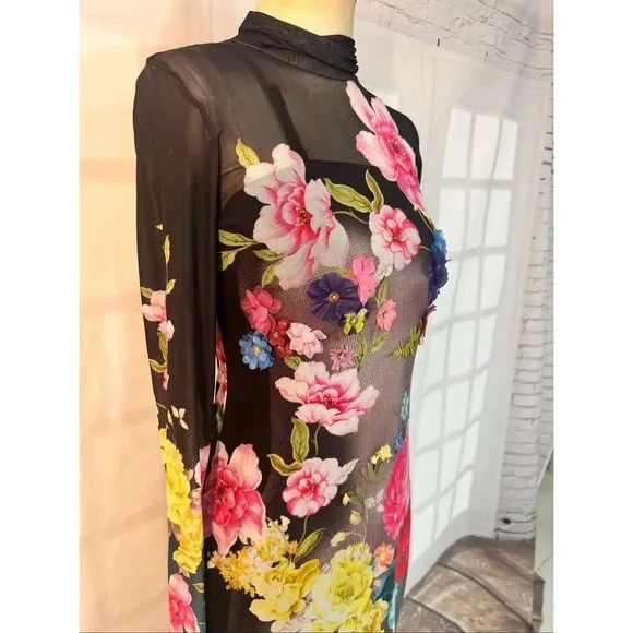 AFRM Black Aqua Rose Nude Floral Mesh Turtleneck Shailene Maxi Dress Size Small - Picture 5 of 13